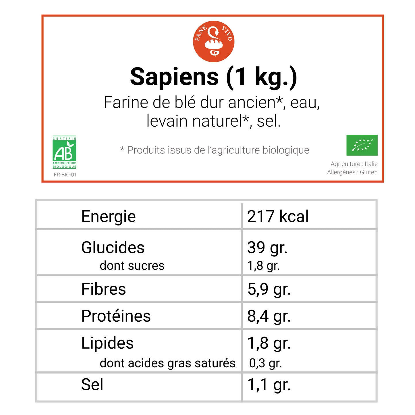 Valeurs nutritionnelles Sapiens - Pane Vivo