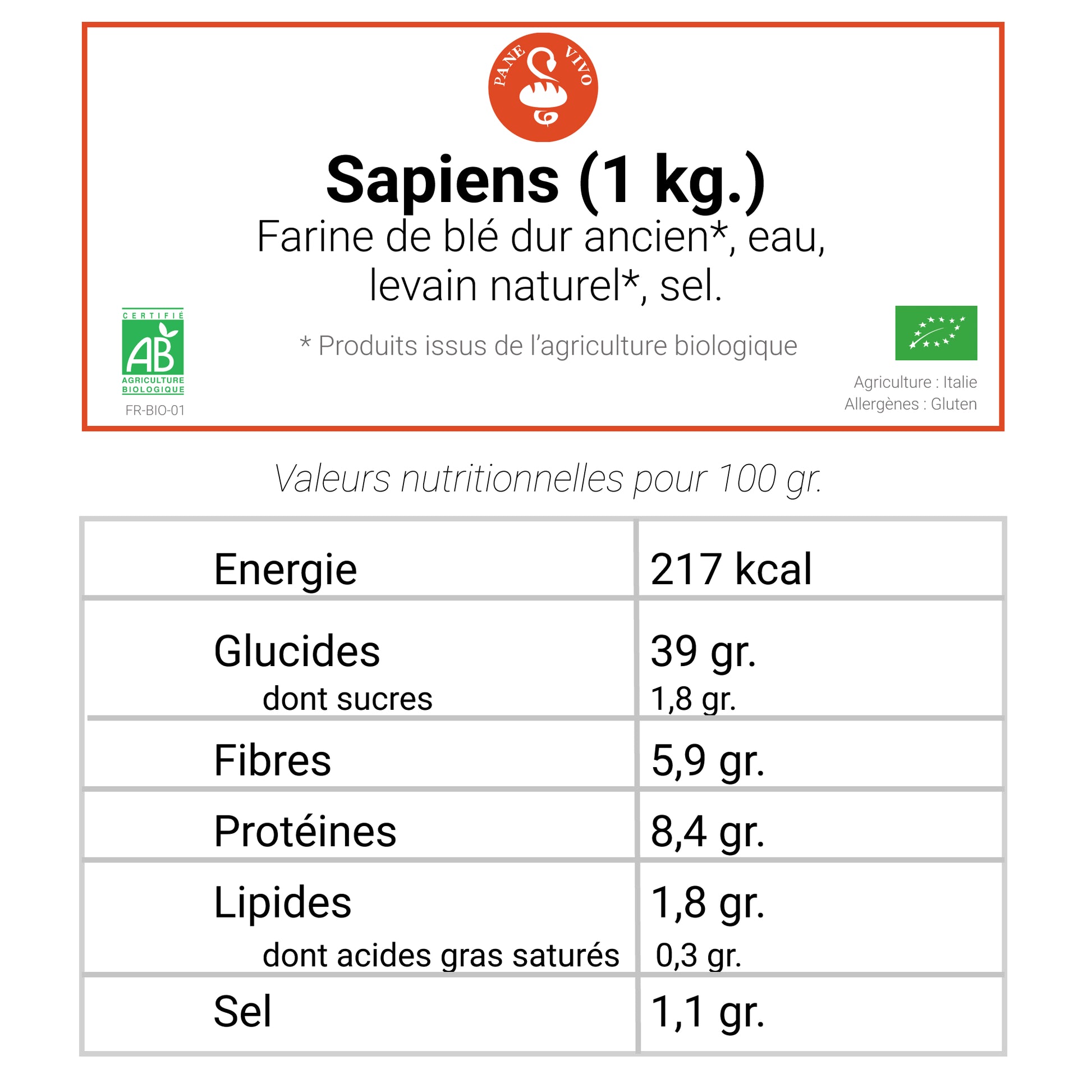 Valeurs nutritionnelles Sapiens  Pane Vivo